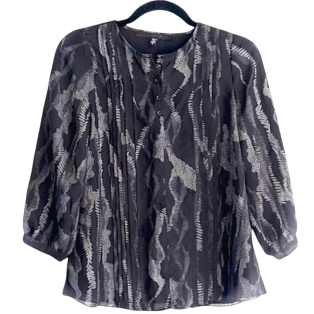 Joe's Jeans Women's Sheer Blouse Silk Feather Print Green & Black Size S Pleated